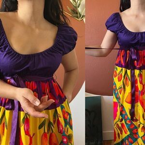 Vintage 1970s young Edwardian empire waist peasant picnic dress boho puff sleeve